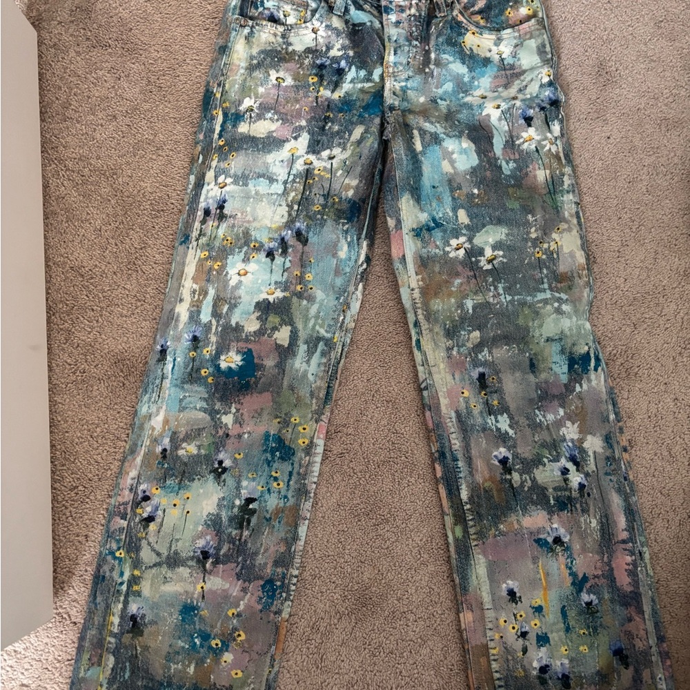We The Free Floral Painterly Straight-Leg Jeans - Blue, Green, Pink, Yellow